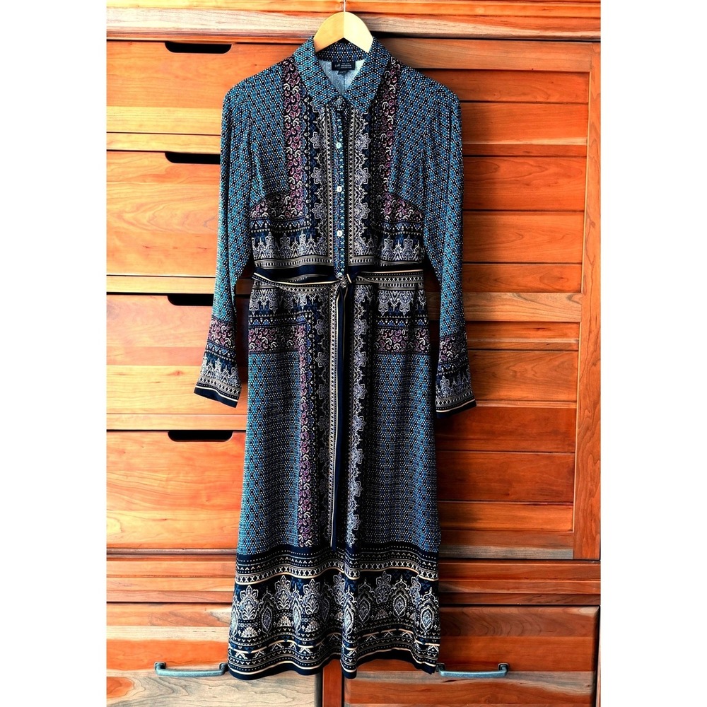 J Jill Wearever Foulard Print Shirtdress Size Small Button Front Pockets Lng Slv - Picture 2 of 6
